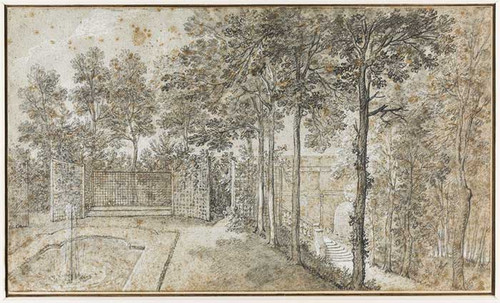 Dessin représentant une vue sur l'aqueduc derrière un rideau d'arbres