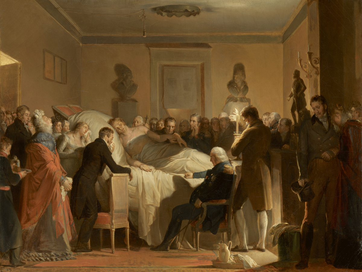 Le duc de Berry sur son lit de mort, entour&eacute; d'une foule