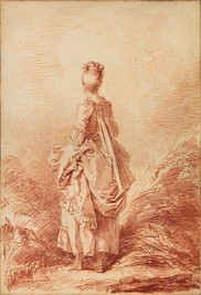 Sanguine deJean Honoré Fragonard, Jeune femme debout, vue de dos, vers 1770, pierre noire, sanguine, exposition Le trait et l'ombre