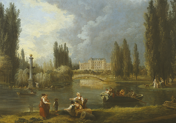 Vue d'un ch&acirc;teau blanc au loin, rivi&egrave;re et barque au premier plan, avec petits personnages en tenue rurale du XVIIIe si&egrave;cle