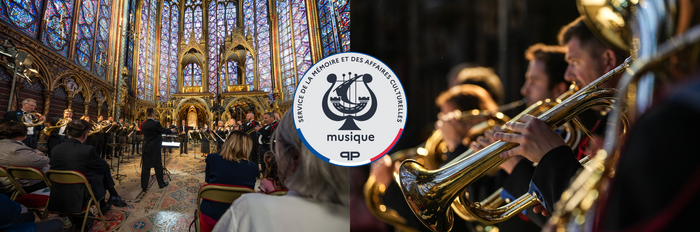 Montage photos du service de la m&eacute;moire des affaires culturelles, affiche repr&eacute;sentant une vue de l'orchestre dans une &eacute;glise (&agrave; gauche), et un zoom sur les trombones (&agrave; droite)