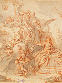 Antoine Dieu, L’Apparition des instruments de la Passion à la Vierge et à l’Enfant, vers 1710, sanguine, exosition Le trait et l'ombre