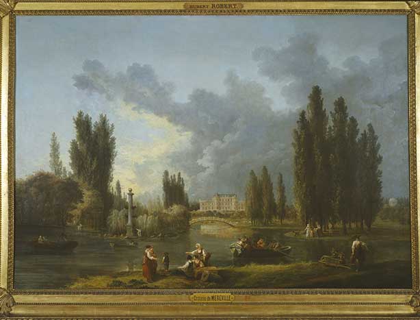 Peinture représentant des personnes au bord de l'eau ou en barque, avec une vue au loin sur le château de Méréville